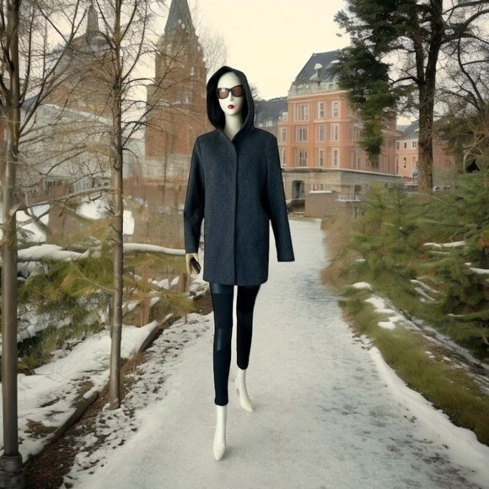 JASON KOLE Women's Charcoal Grey Wool Coat Size M Hooded Button Front Lined VG - Picture 3 of 9